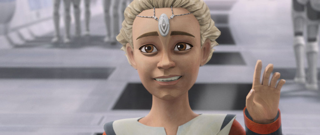 Omega, a young girl with blonde hair, tan skin, and brown eyes waves at the viewer's POV. She has an uneasy smile. Behind her, the legs of clone troopers can be seen. (Dave Filoni, The Bad Batch, Disney+ (2021-))