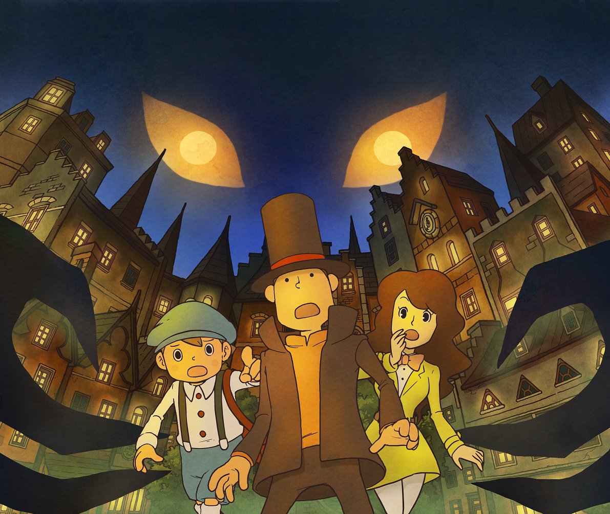 Boxart for "Professor Layton and the Last Specter" featuring the professor, Luke, and Emmy, 2009 (Image from Level-5/Nintendo).