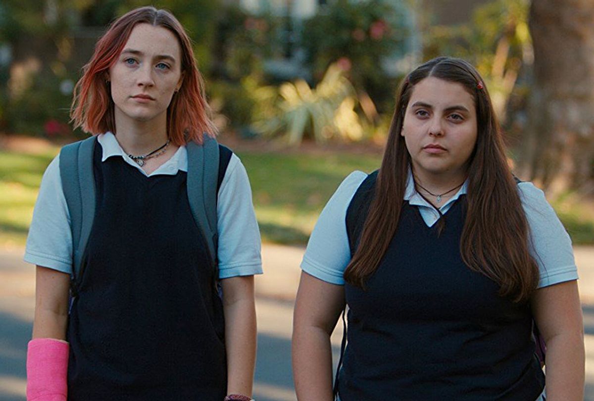 Lady Bird and her best friend Julie walk home from school together.