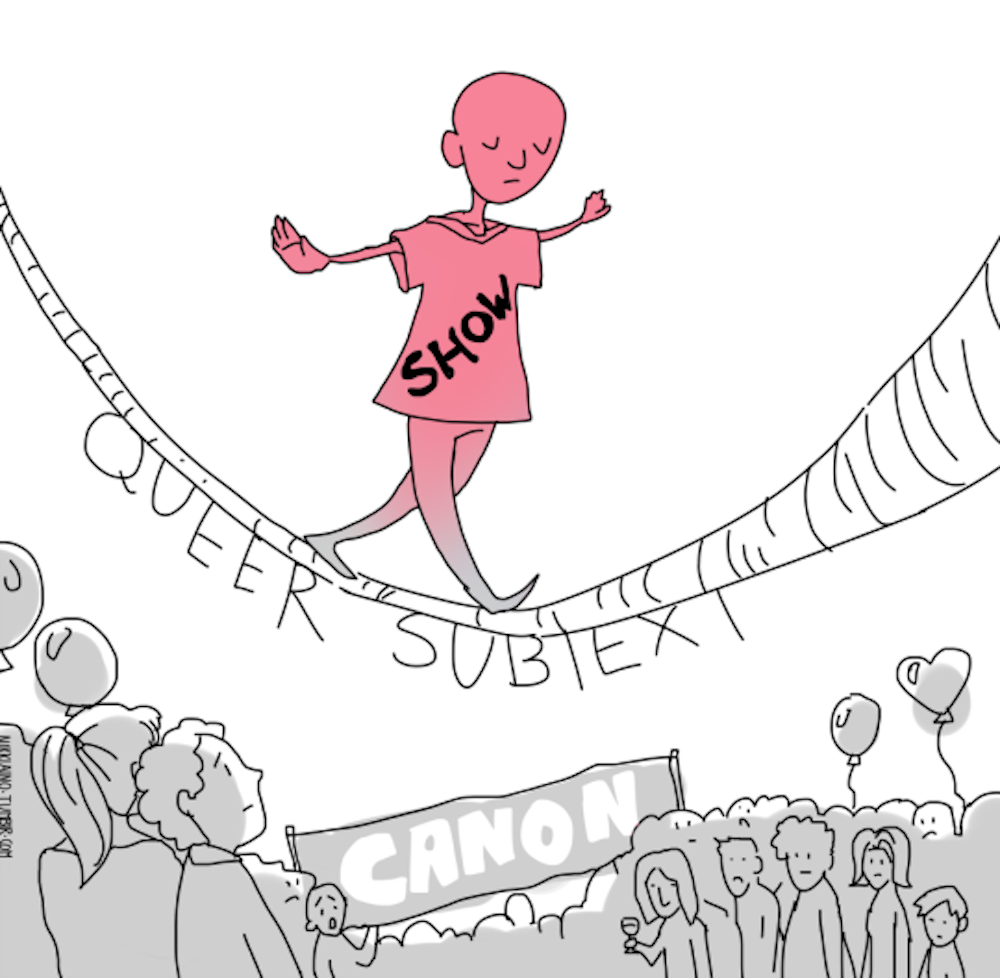 "@nikkiaino." Show Tightroping on Queer Subtext. 2013. Figure with "show" printed on T-shirt tightroping on rope that has "queer subtext" underneath it, with a banner saying "canon" underneath the rope. Sourced from Tumblr. 