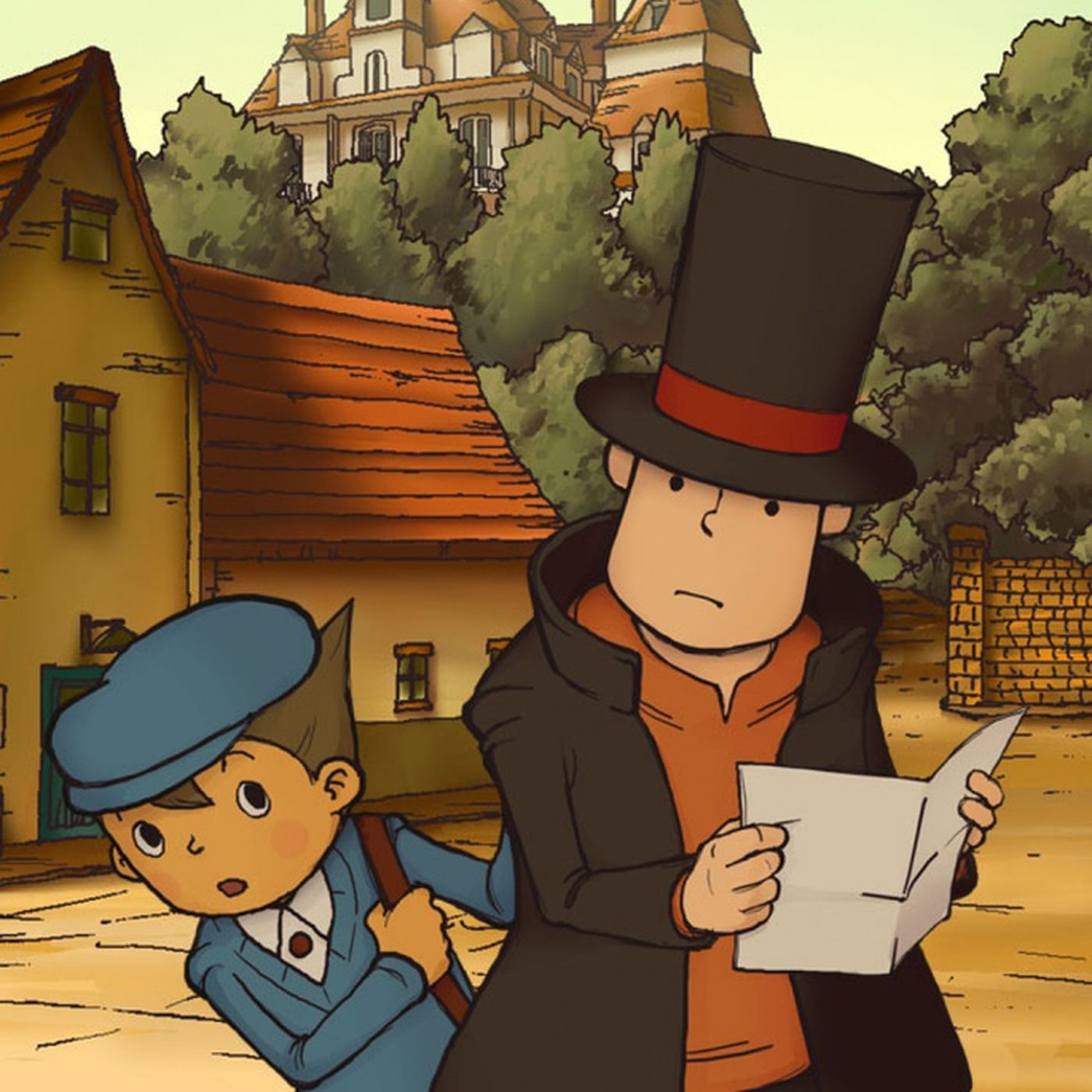 Professor Layton and his apprentice Luke in a promotional image for Professor Layton and the Curious Village (Art by Takuzō Nagano Jun Suzuki)