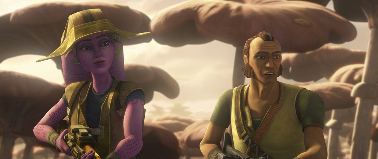 Cut, a former clone trooper and his wife Suu, a pink skinned alien, stand holding their weapons. They look intrigued. behind them stand large mushroom caps. (Dave Filoni, The Bad Batch, Disney+ (2021-))