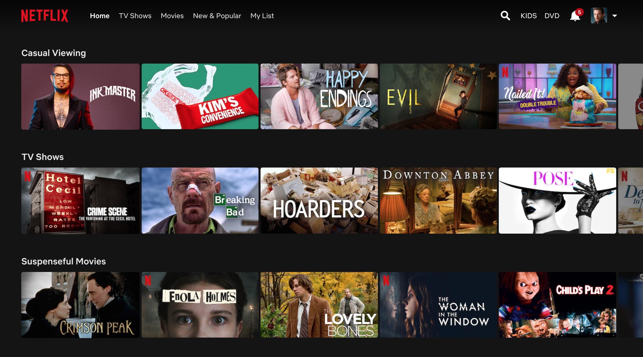 Thumbnails of various shows and movies on Netflix.