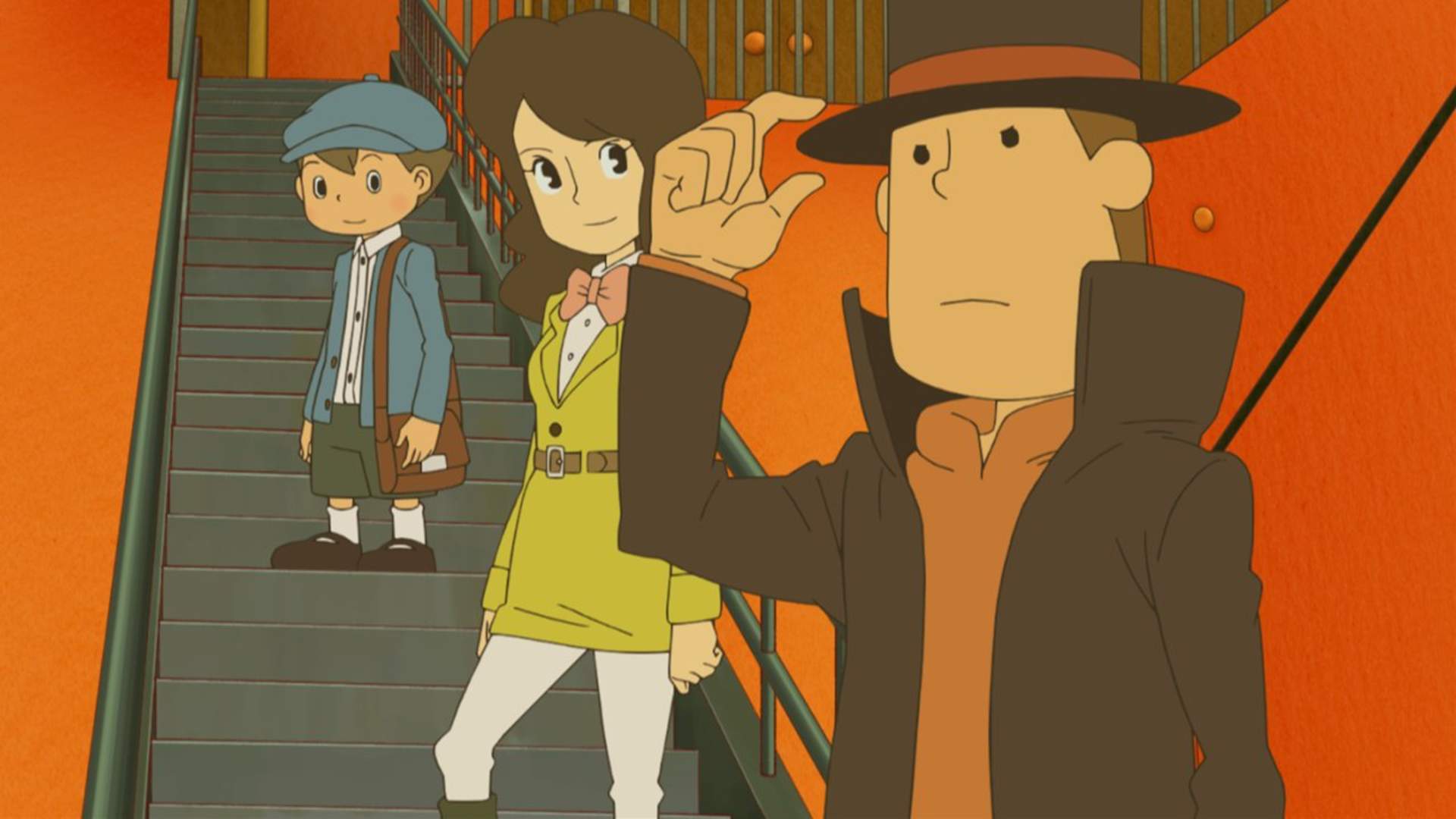 The professor, Emmy, and Luke stand on the steps of their airship in a screenshot from "Professor Layton and the Azran Legacy", 2013 (Image from Level-5/Nintendo).