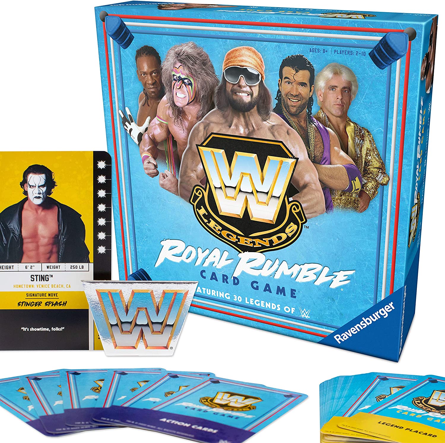 A photograph displaying the "Ravensburger WWE Legends Royal Rumble Card Game" featuring a card showcasing WWE Legend Sting, who is playable in the game. 