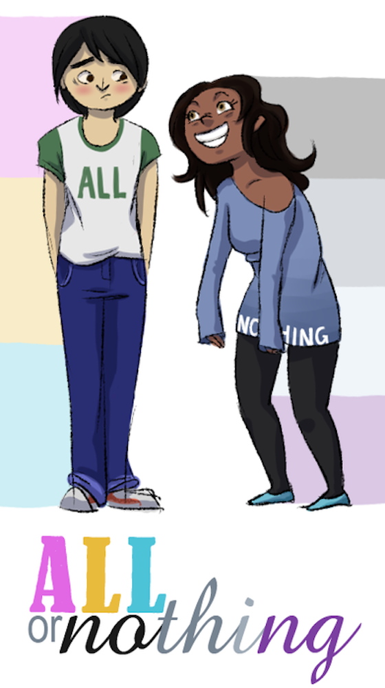 "@schrodingersnerd." All or Nothing. 2014. Two characters, one with a T-shirt saying "all" and the other with a blouse saying "nothing" looking at each other. 