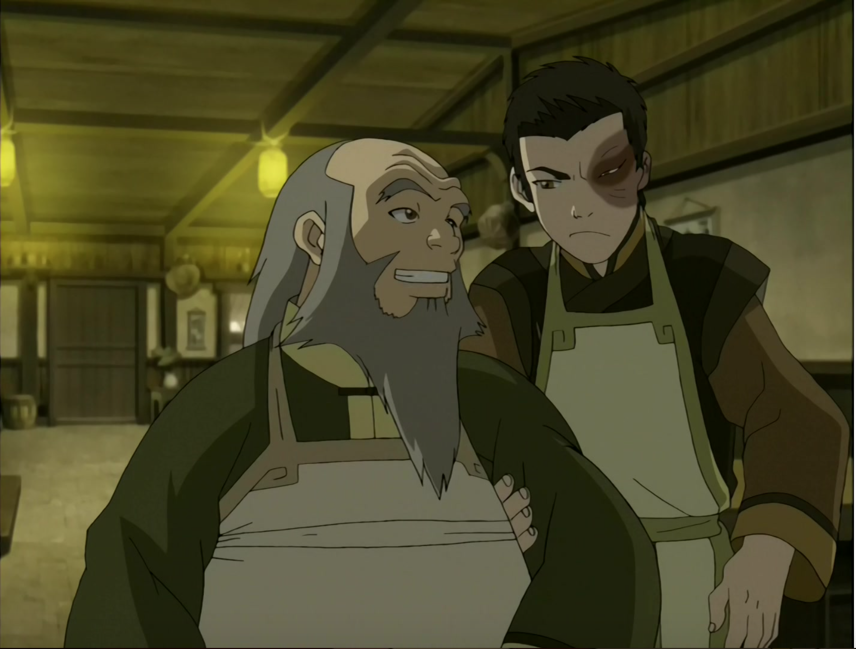 Zuko and his uncle Iroh stand in the tea shop that employed them.
