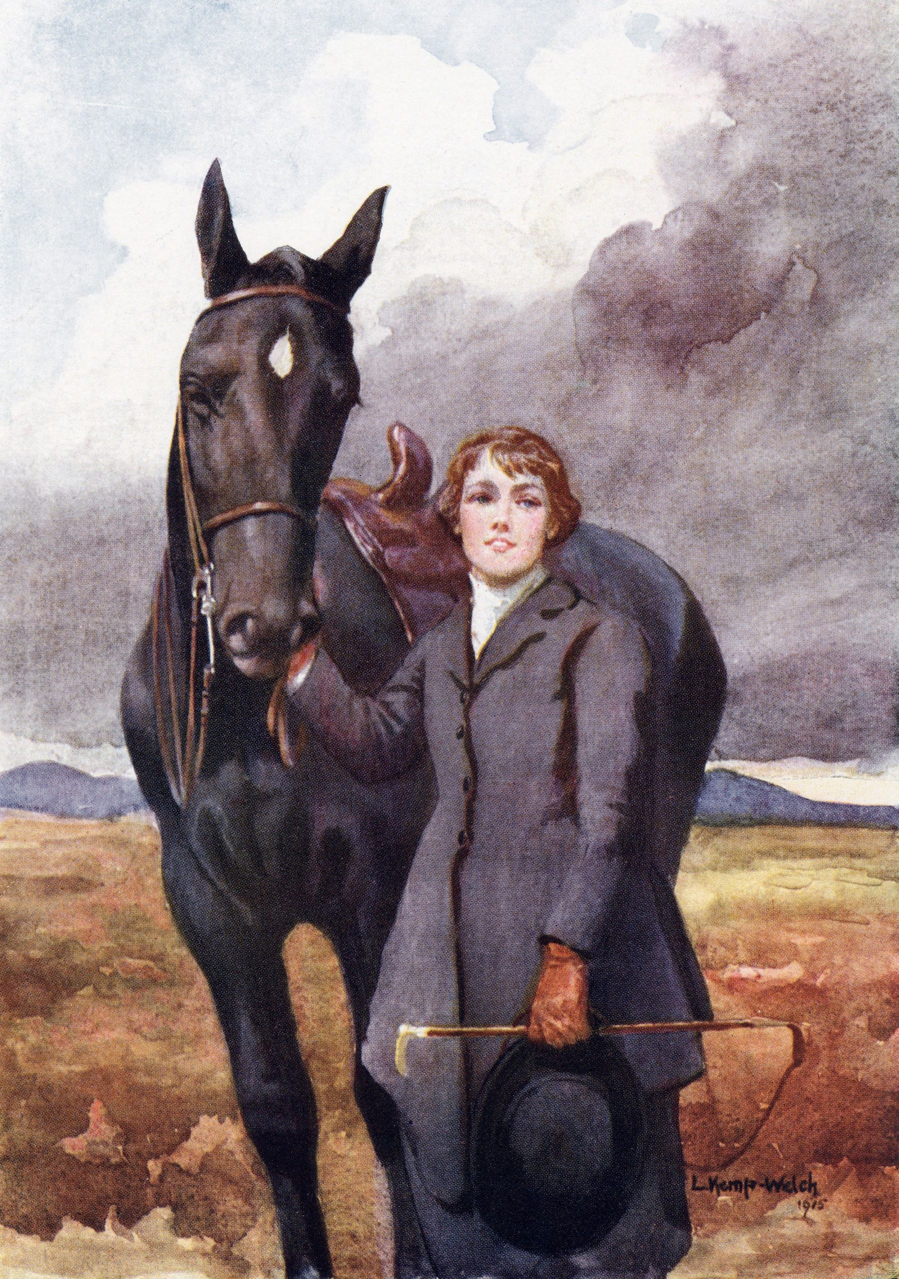 Black Beauty and a young woman in an illustration for the 1915 edition of Black Beauty (image by Lucy Kemp Welch, accessed through the Universal History Archive via Getty).