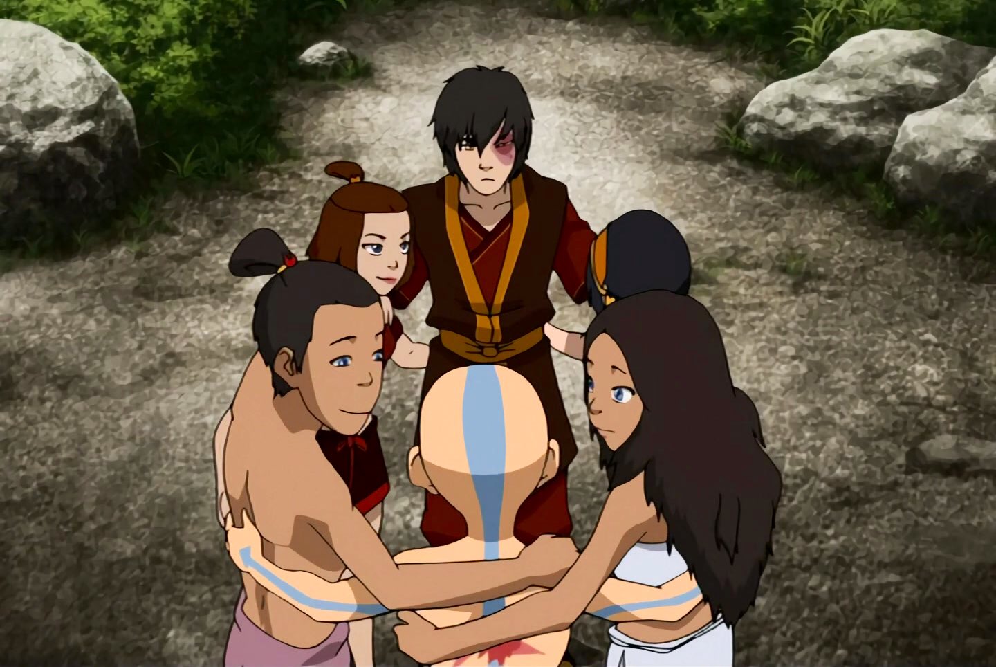 Zuko is invited into his first group hug with Team Avatar. 