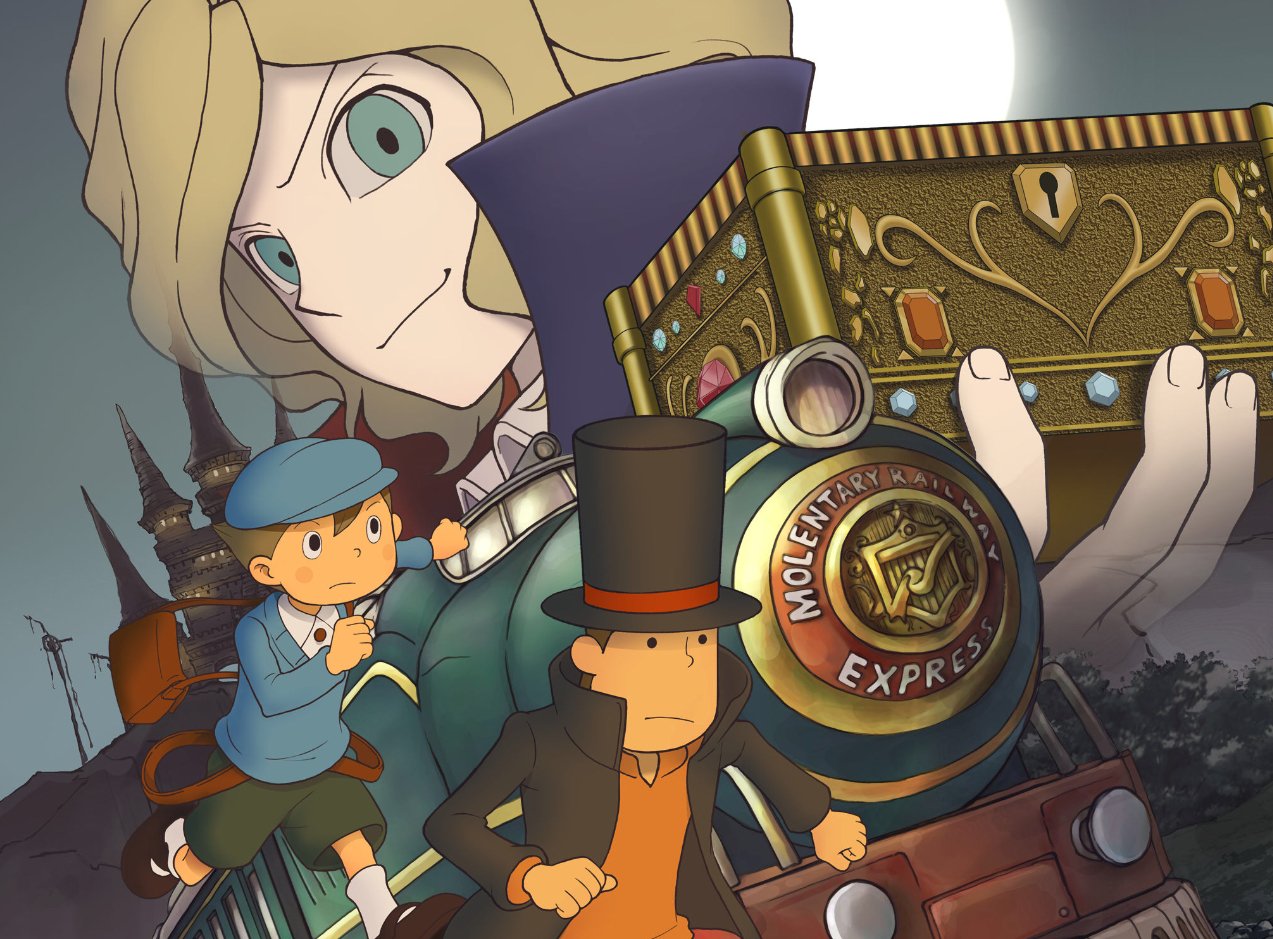Luke, Layton, Anton, the Elysian Box, and the Molentary Express train in art from "Professor Layton and the Diabolical Box," 2007 (Image from Level-5/Nintendo).
