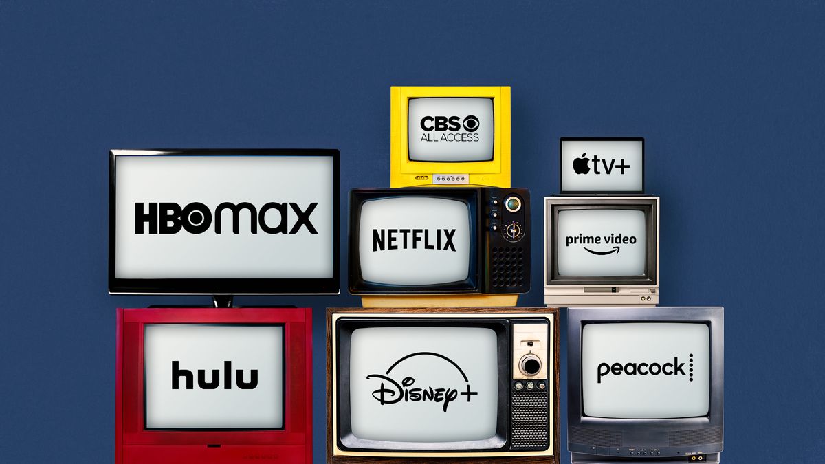 The names of various streaming services on various television screens.