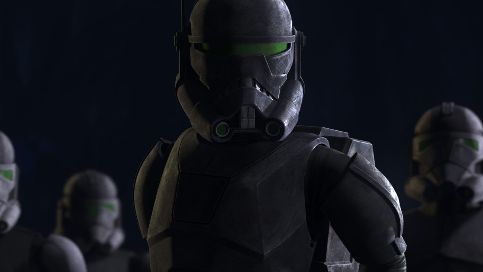 Crosshair, now in his Imperial Special Forces uniform, stands in front of his new squad of troopers. He stands menacingly, as a shadow covers half of his helmeted face.