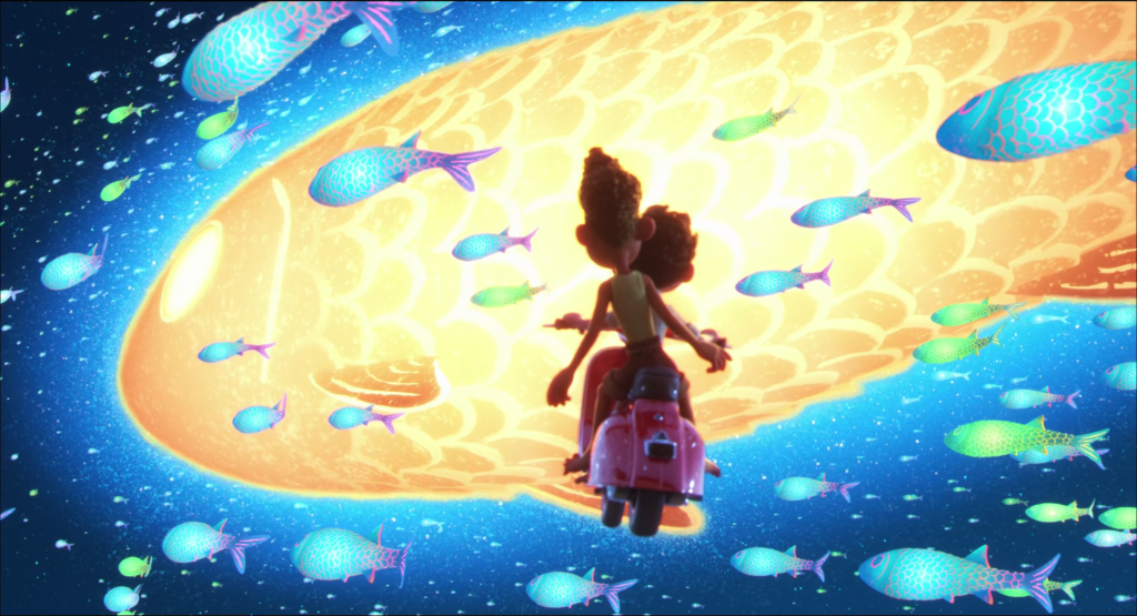 Luca and Alberto fly into space on their Vespa during a dream sequence. 