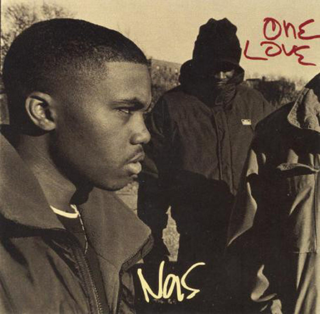 Cover image for the singly "One Love". Nas is seen in the foreground surrounded by close friends. 