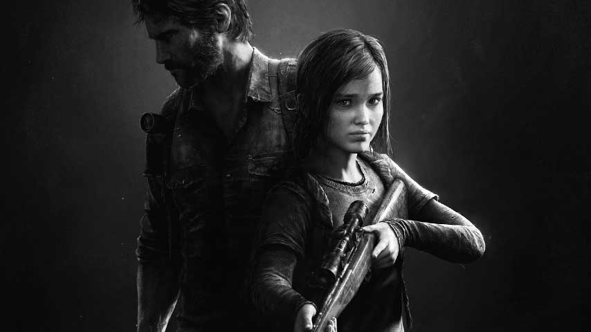 In a dramatic black and white promotional image, Joel stands behind Ellie. Both have serious expressions on their face, and Joel's face is partially obscured by darkness. Ellie holds a rifle.