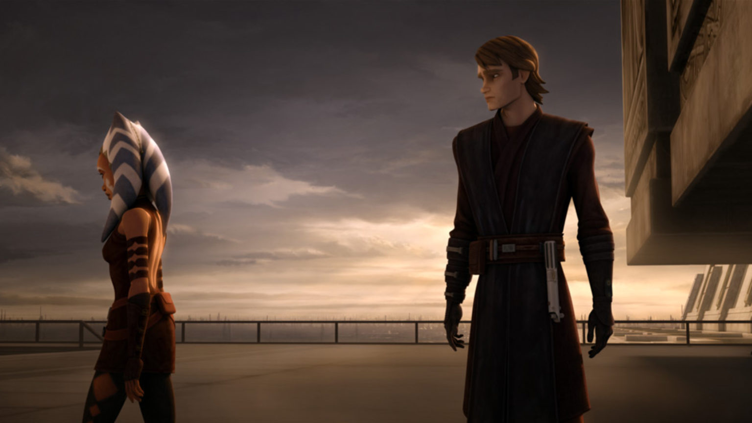 A still from the animated series Star Wars: The Clone Wars. The characters Anakin and Ahsoka stand next to each other. Ahsoka walks away from Anakin, both have somber looks on their faces. The sky is dark and moody behind them.