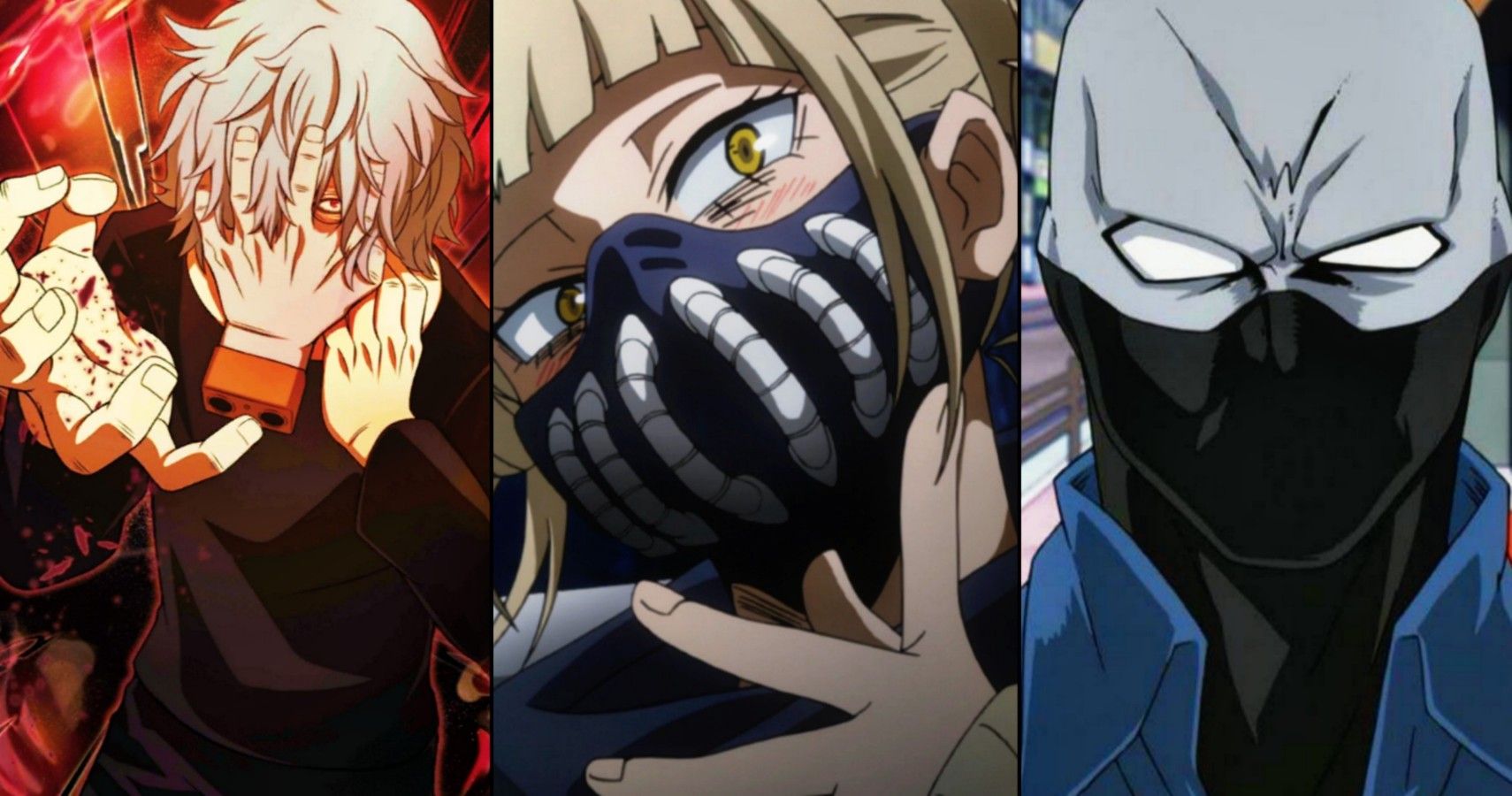 Villains from left to right: Shigaraki, Toga, Twice. 