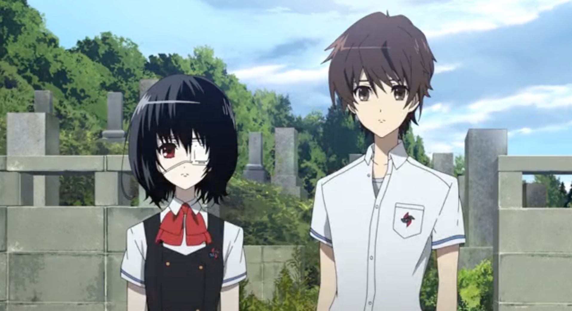 Mei and Kōichi standing side by side in Another (2012).