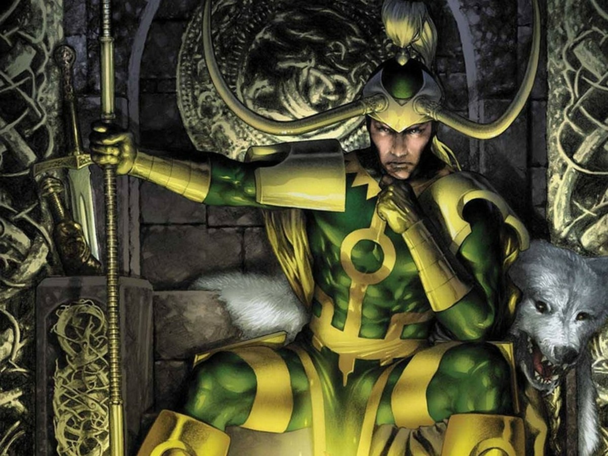 Loki from the graphic novels in his throne in his signature horned helmet.