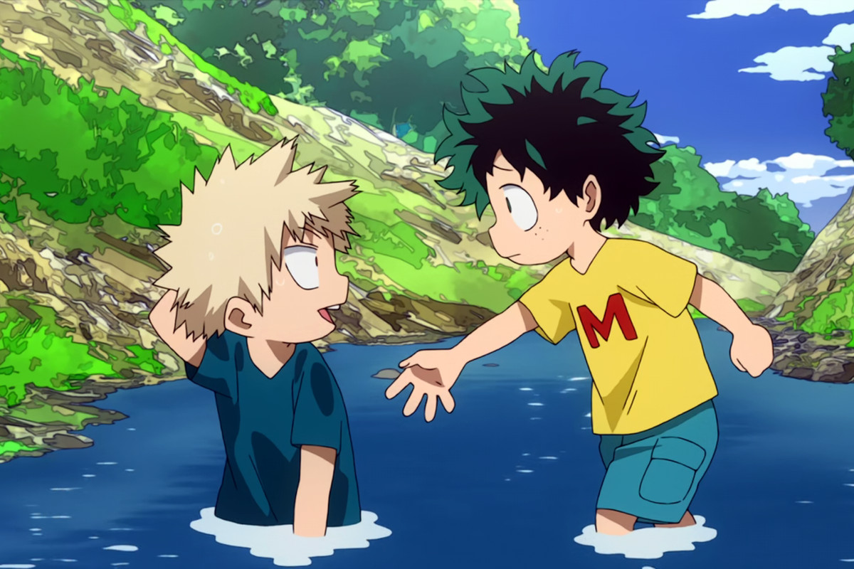 Young Midoriya reaching out a hand to young Bakugo.