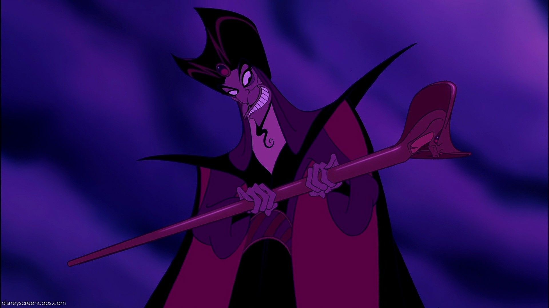 Jafar looks like a traditional scary Disney villain because of his dark, shadowed character design. 