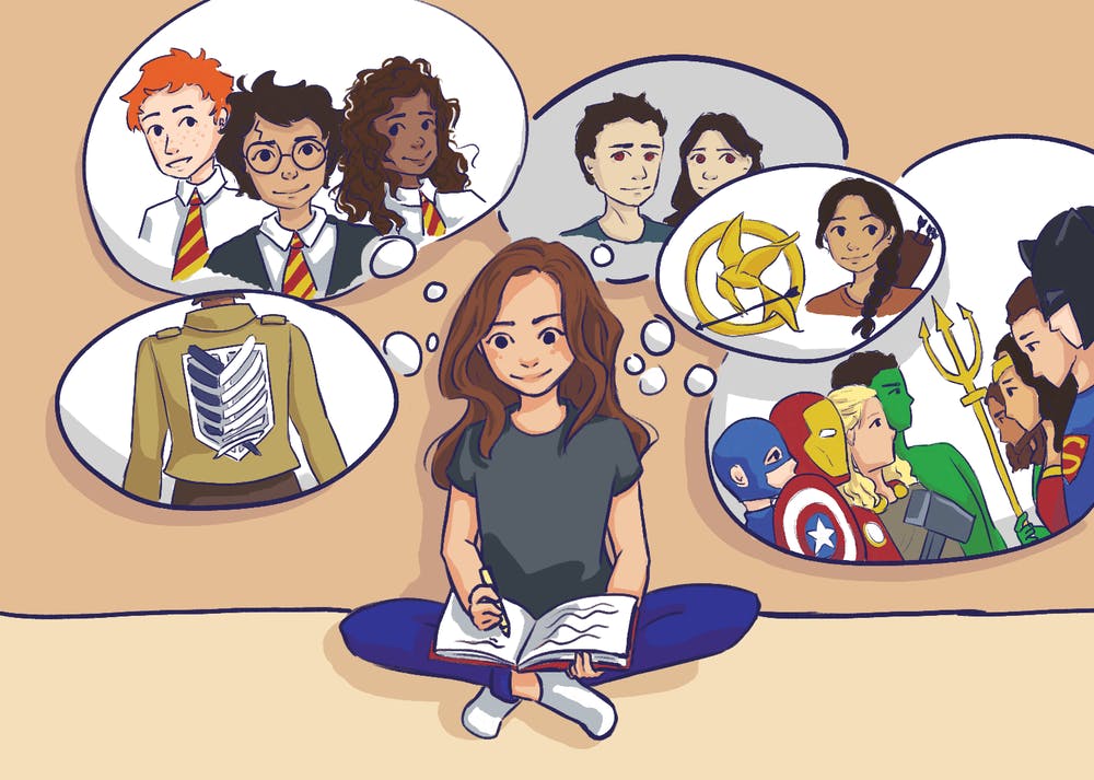 An illustration of a young girl is writing in a book while thought bubbles appear around her with several iconic figures in them such as The Golden Trio from Harry Potter (2001-2011), Katniss Everdeen from The Hunger Games series (2012-2015), Edward Cullen and Bella Swan from the Twilight Series (2008-2012) and the Marvel and DC Cinematic Universe characters facing off against one another. 