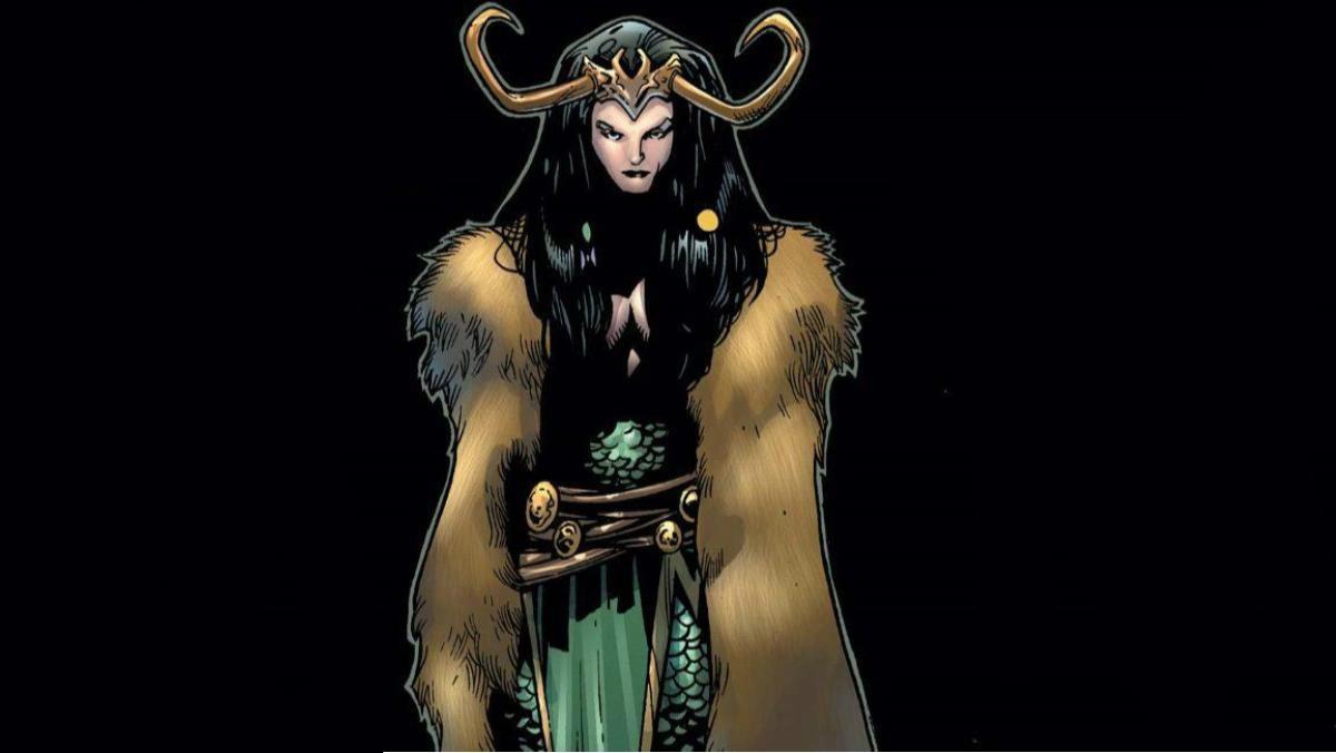 Female Loki from the comics in a full Norse outfit and in front of a black background. 