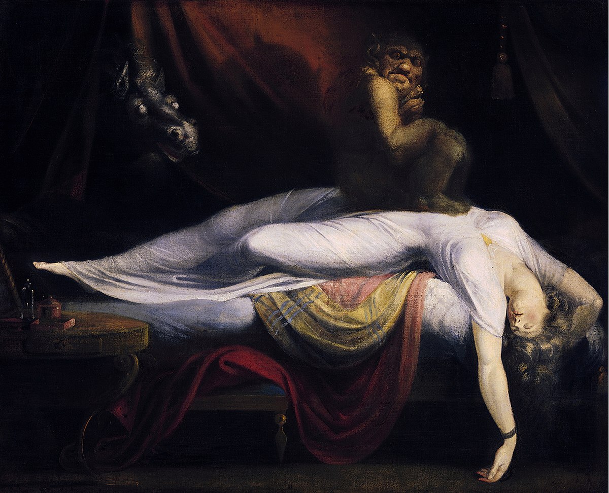 Henry Fuseli's painting The Nightmare, featuring an incubus sitting atop the body of a sleeping woman, painted in 1781. Though early for Gothic Romance as a genre, its supernatural subject makes it a precursor.