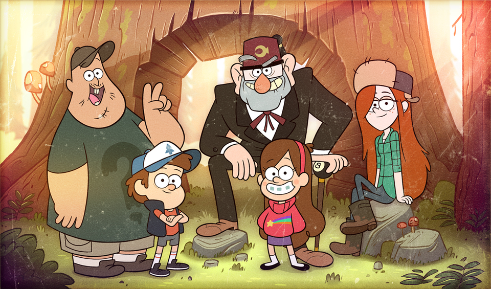 The Pines family standing with Wendy and Soos in front of a tree.