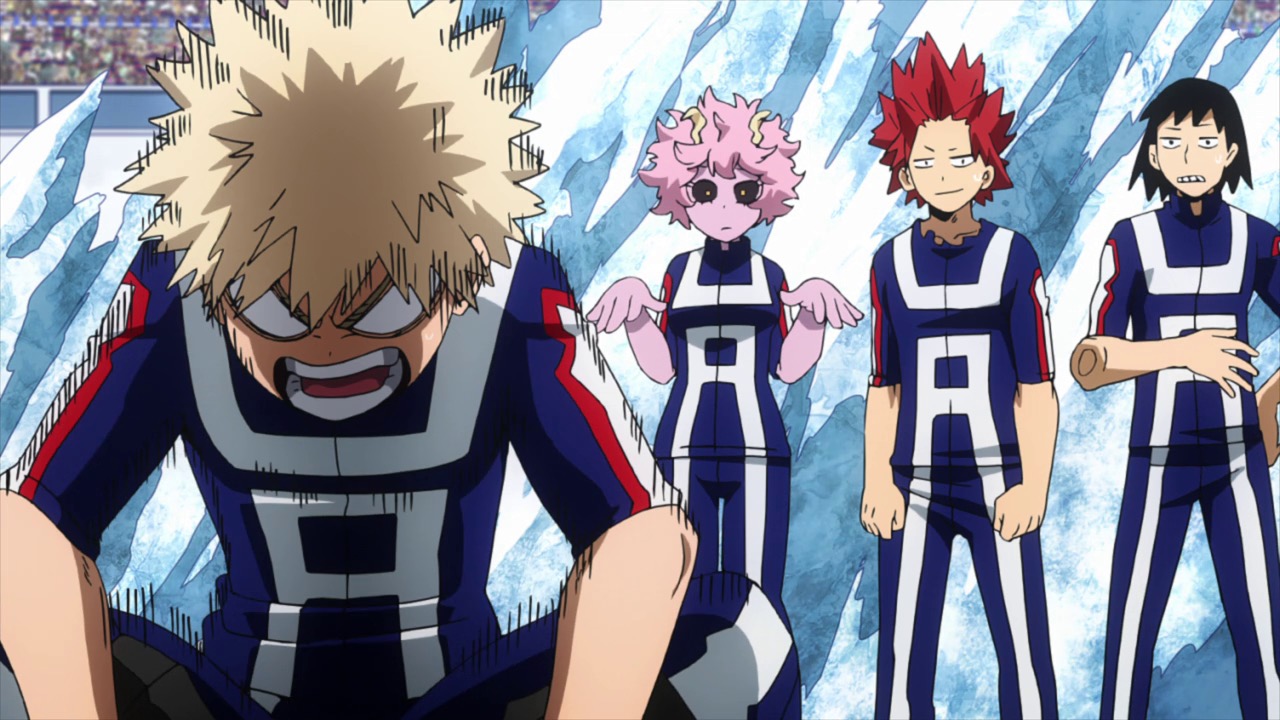 Bakugo being angry that he lost, while his friends look on. 