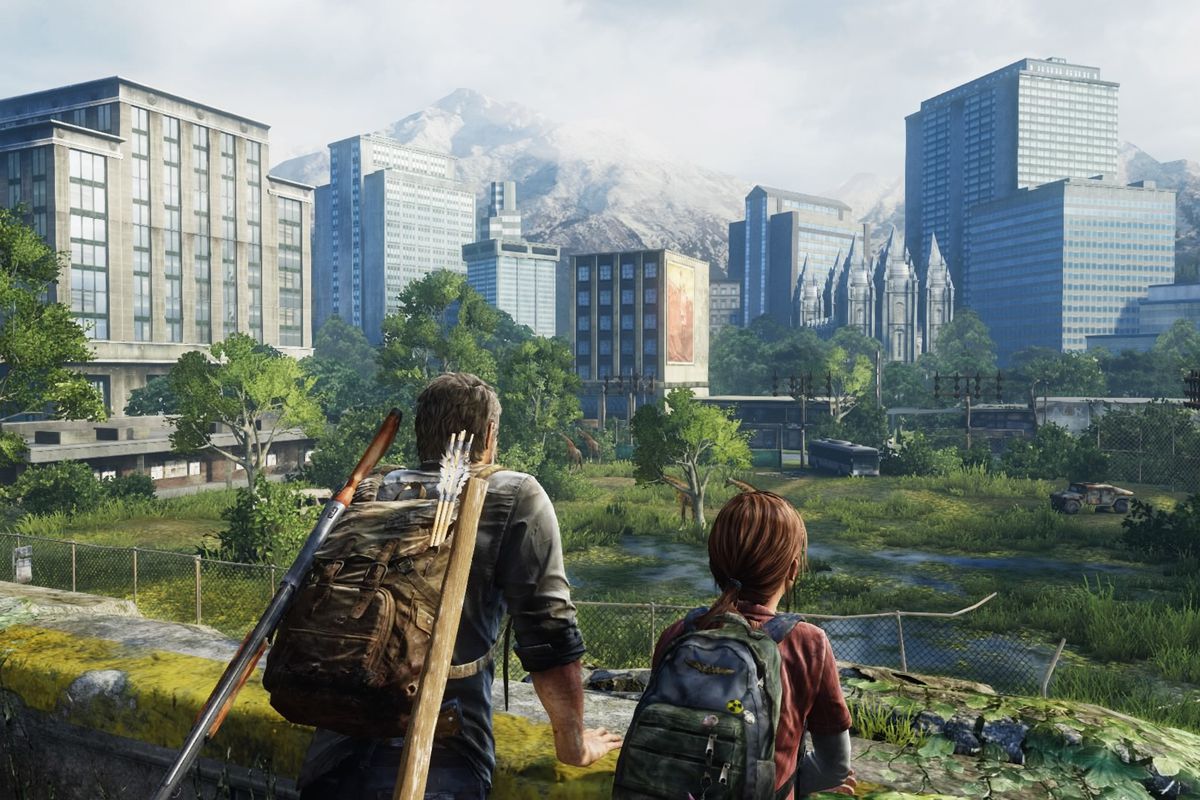 Joel and Ellie from the Last of Us look out on a wooded field in Utah, and watch as giraffes walk about. They are both leaning on a cement railing, and both are looking ahead.