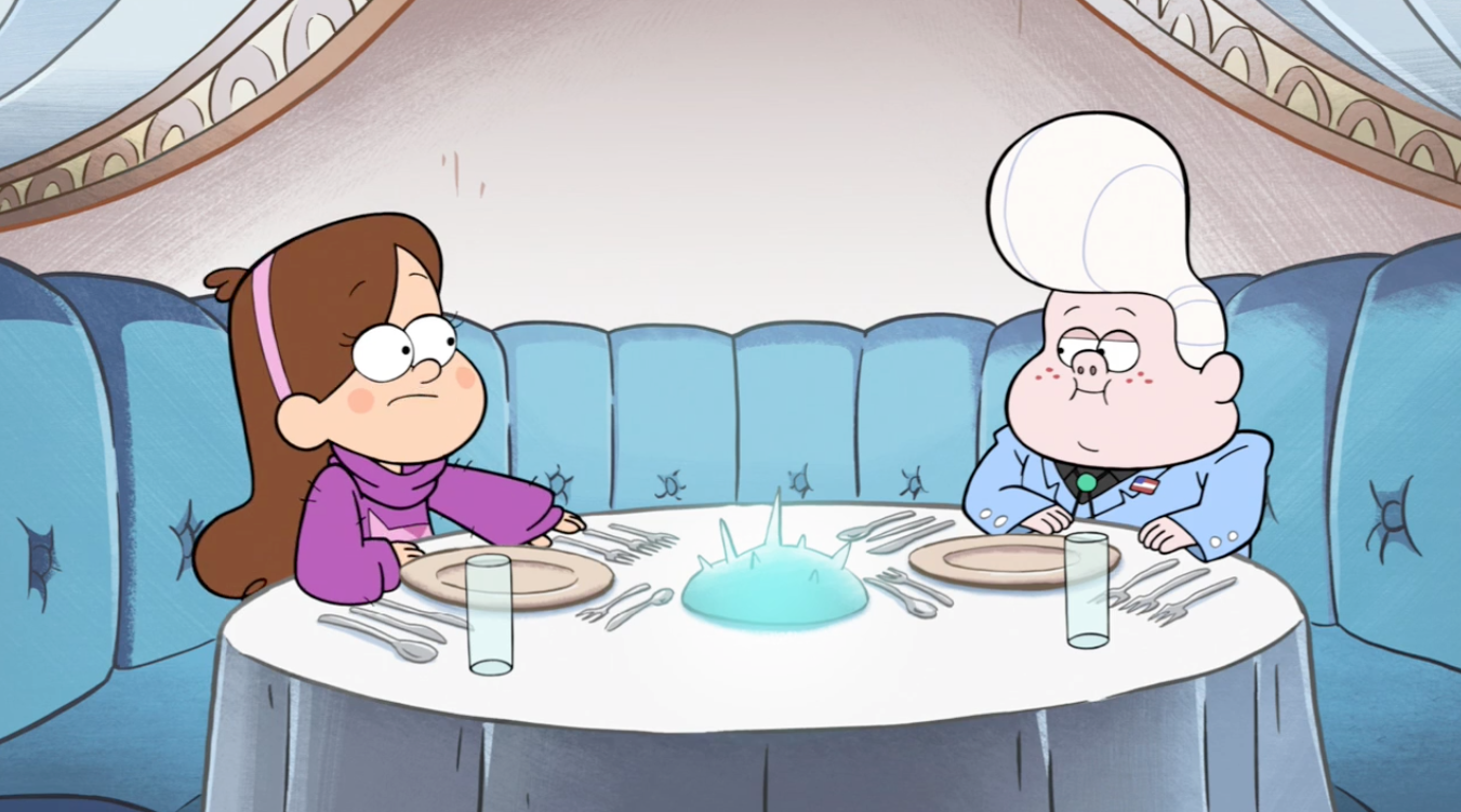 Mabel and Gideon on a date at a restaurant. 