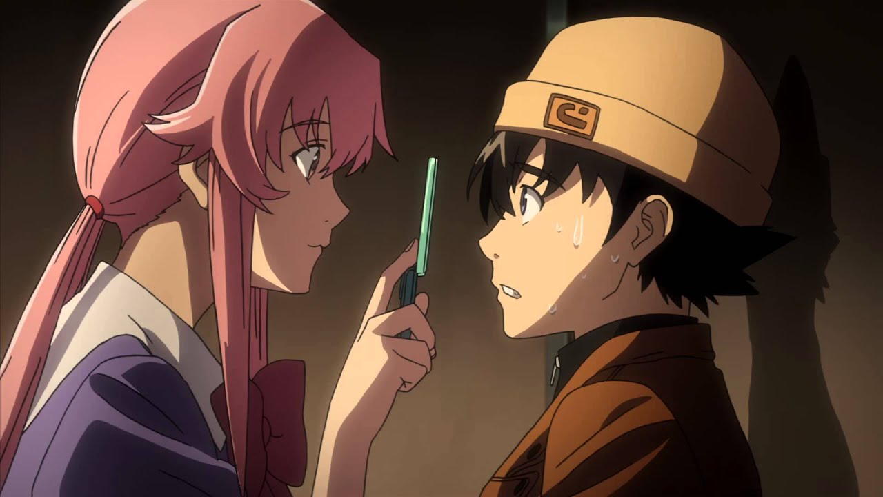 Yuno showing an anxious Yuki her phone in Future Diary (2011-2012).