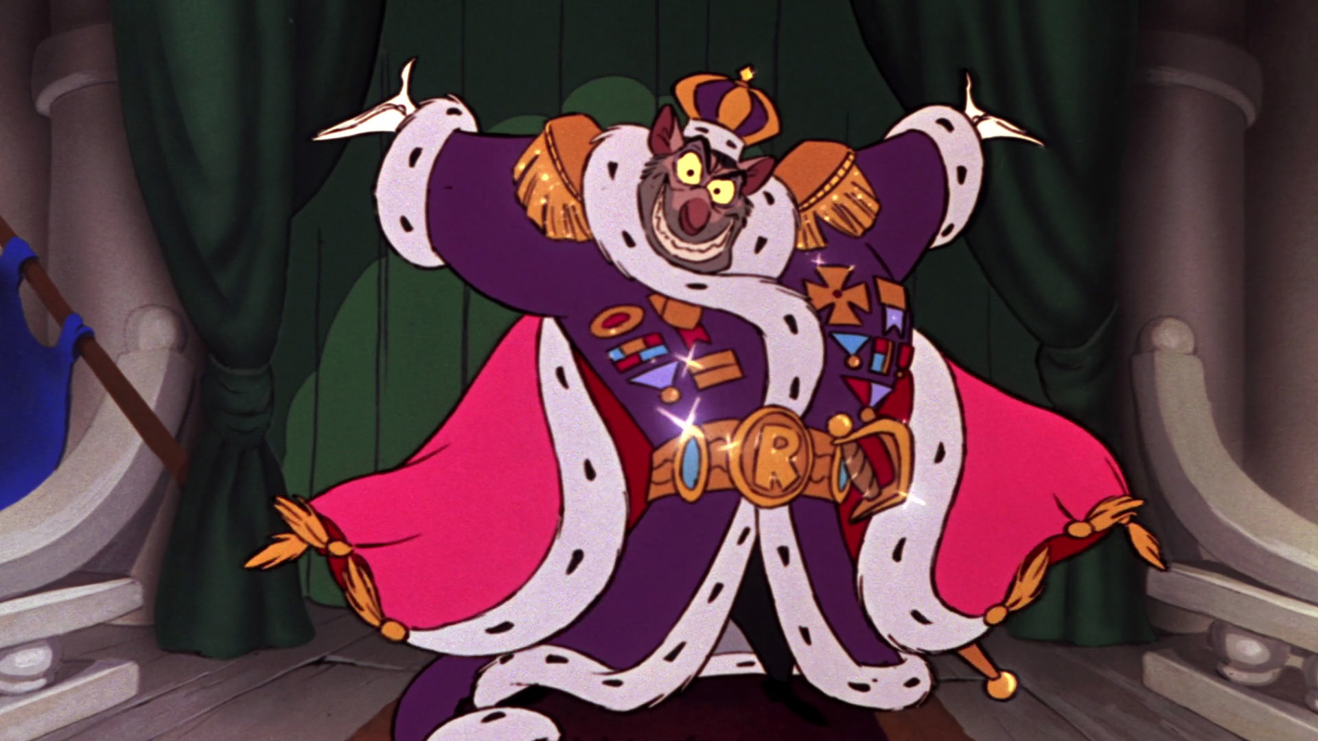 Ratigan is clothed in fine robes and flashy gold metals.