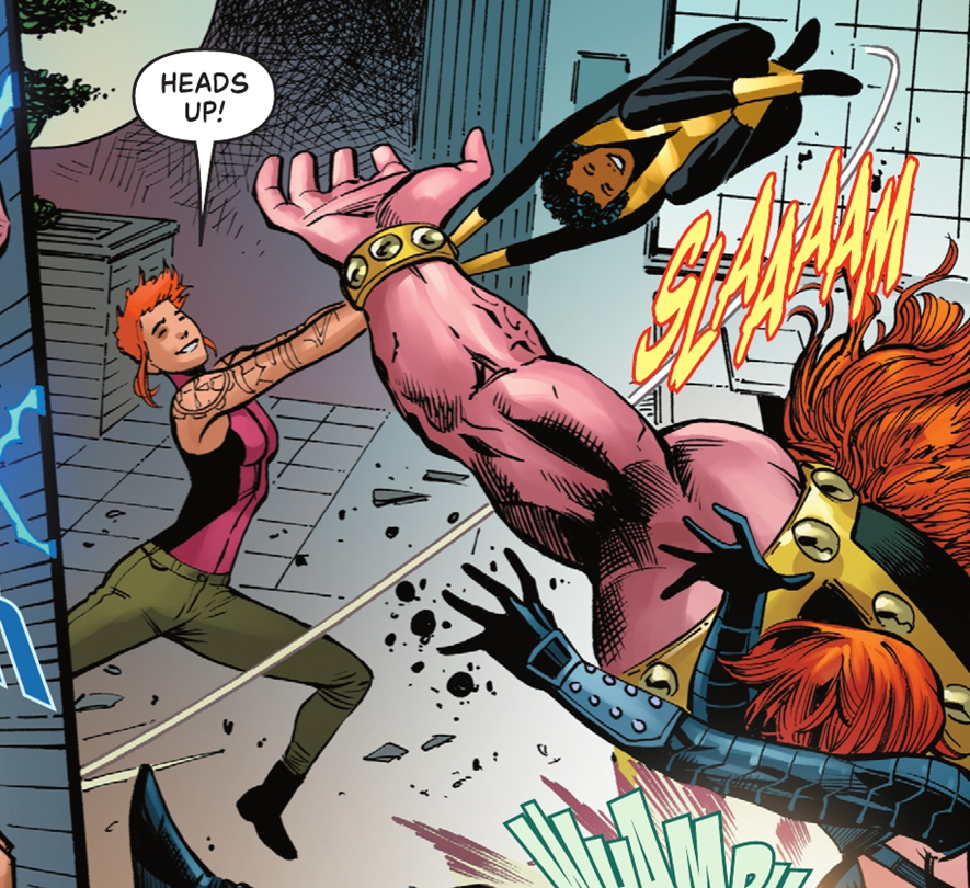 Grace Choi and Anissa Pierce (Thunder) taking down Mammoth and Shimmer (Source: DC Comics).