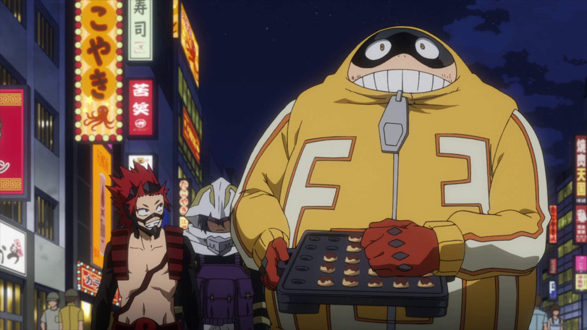 Fatgum eating while walking with his interns on the job. 