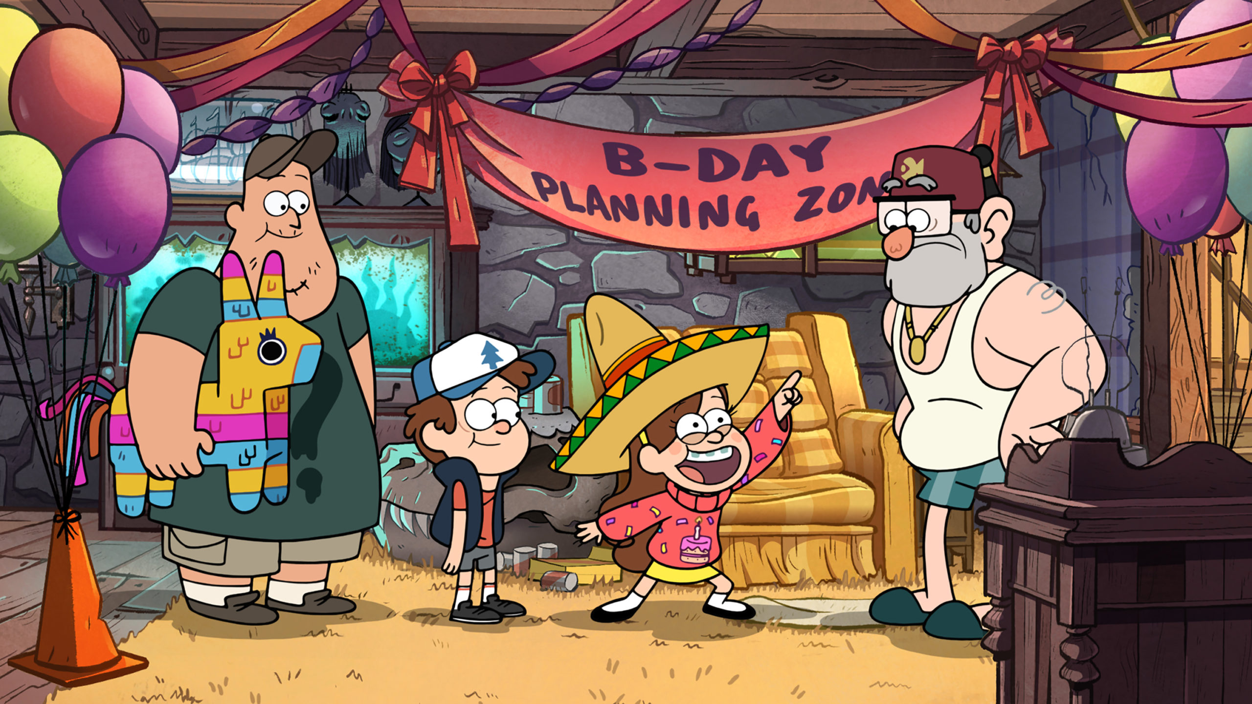 Mabel, Dipper, Stan, and Soos as they plan the twin's thirteenth birthday. 