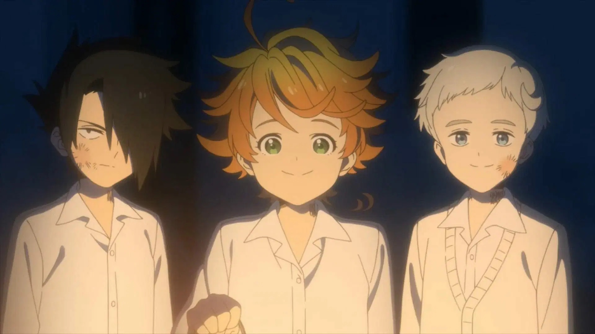 The main characters in The Promised Neverland (2019-2021) in their signature all-white uniforms.