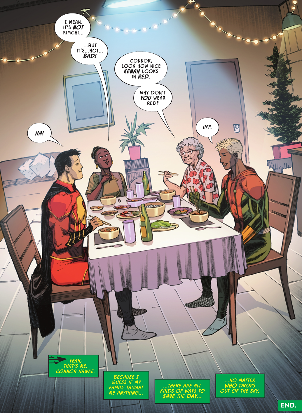 Kong Kenan sitting down with Connor Hawke's family for dinner (Source: DC Comics).