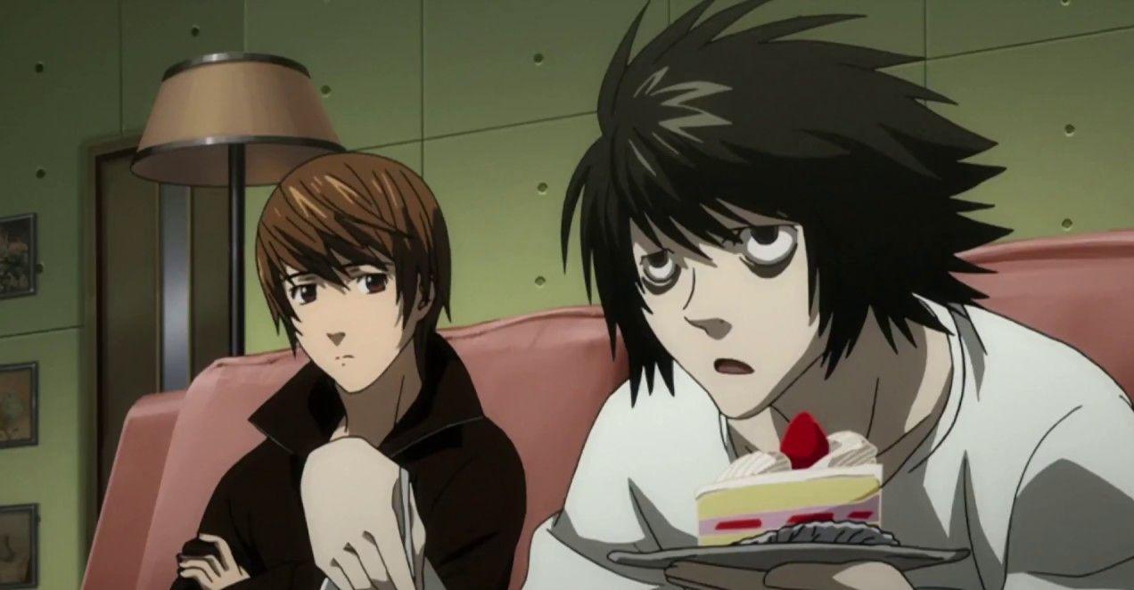 Light glancing at L as he enjoys his favorite food group in Death Note (2006-2007).