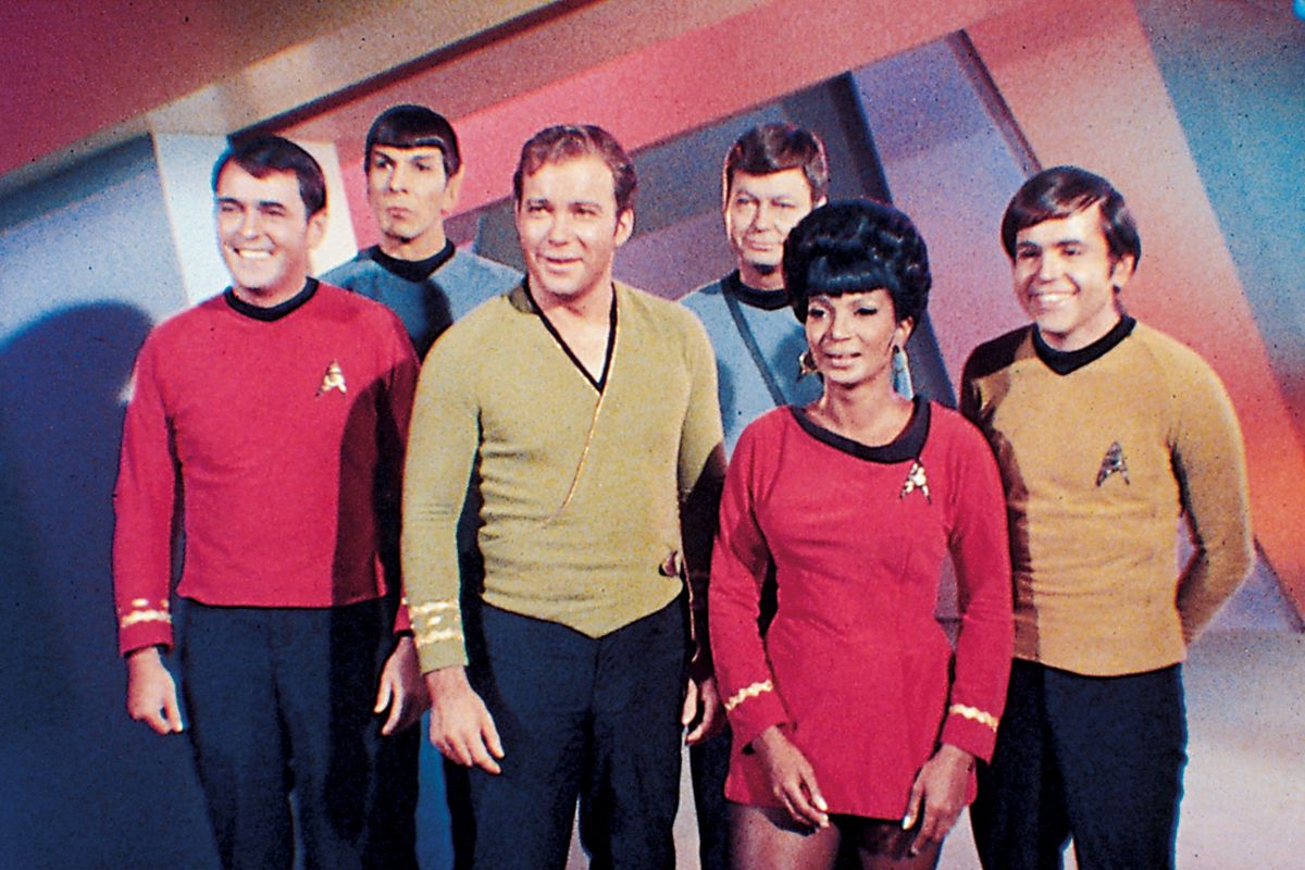 Mary Sue: The crew of the original Enterprise: Scotty, Spock, McCoy, Chekov, Kirk, and Uhura. (Roddenberry, Gene, Creator. Star Trek: The Original Series. 1966-1969.) 