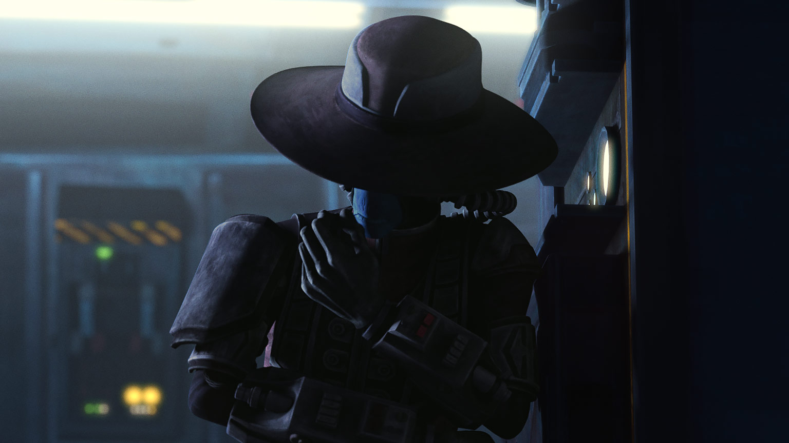 The bounty hunter Cad Bane leans on a futuristic electric panel. HIs skin is blue and wrinkled, and he is looking at his fingers. His cowboy hat covers his eyes. The tone of the image is menacing.