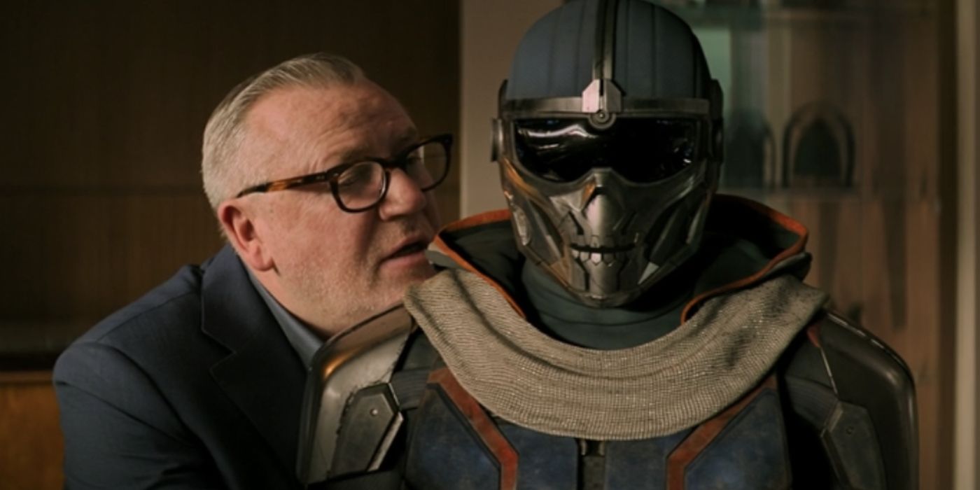 Ray Winstone as Dreykov and Olga Kurylenko as Antonia/Taskmaster in Black Widow (2021). 