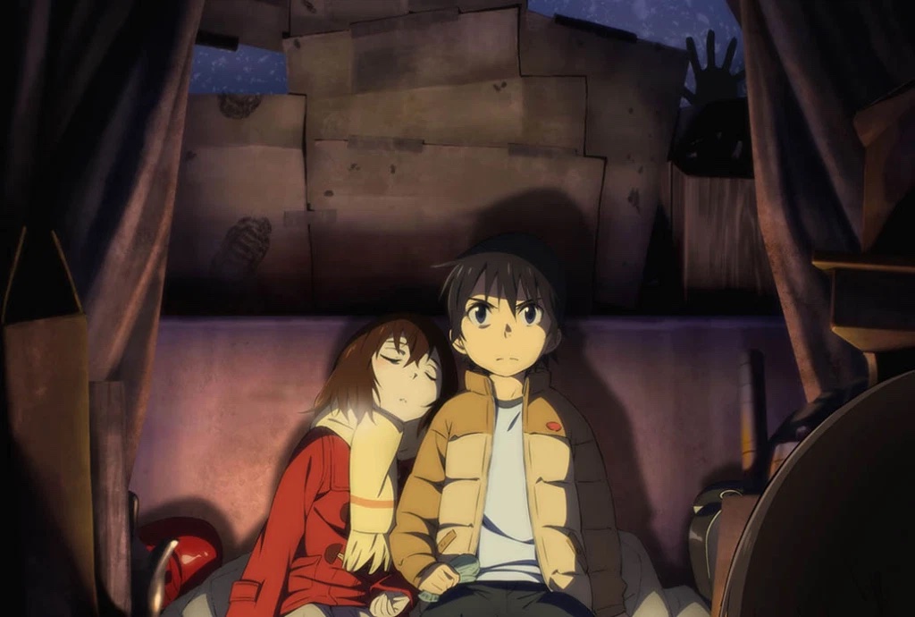 Kayo sleeping peacefully on Satoru's shoulder in Erased (2016).