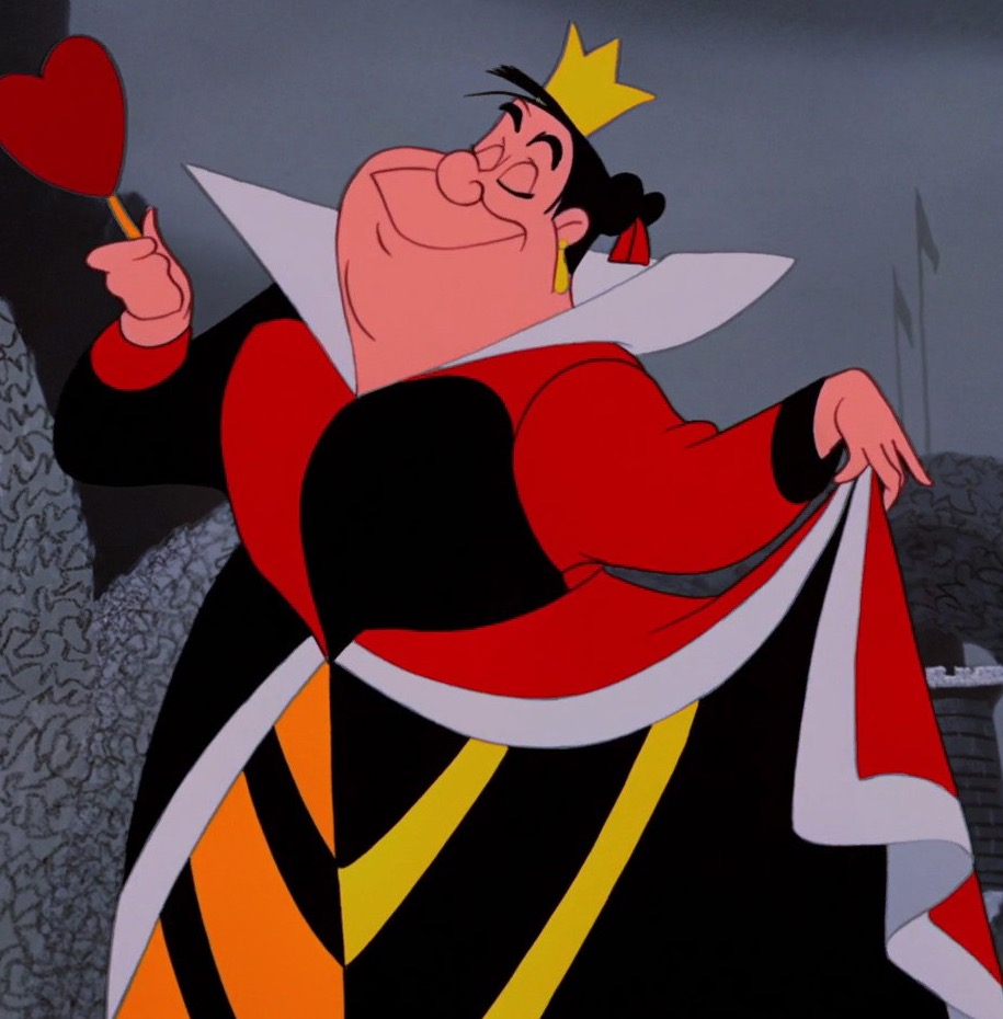 The Queen of Hearts deviates from the traditional villain appearance but still contains some of the normal features. 