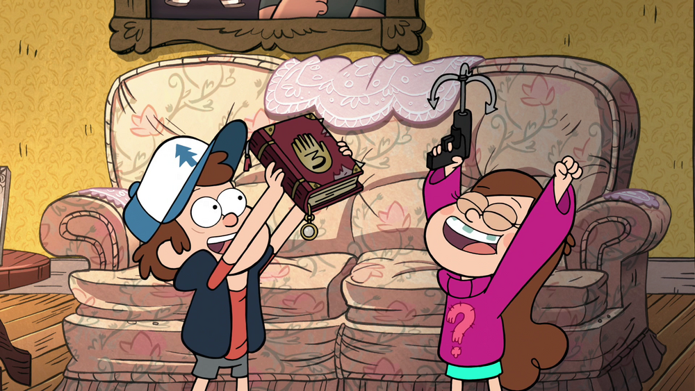 Dipper, holding Journal 3, and Mabel, holding a grappling hook. 