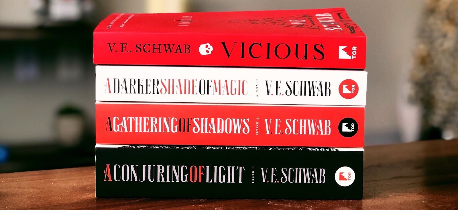 National Book Lover's Day: A photo shows a stack of books by author V.E. Schwab. Chand, Lee. Lee Reads Books. 2019.