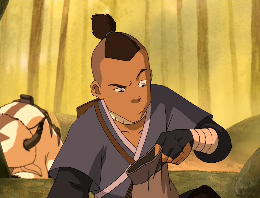 Sokka sits in the swamp with Appa in the background. 