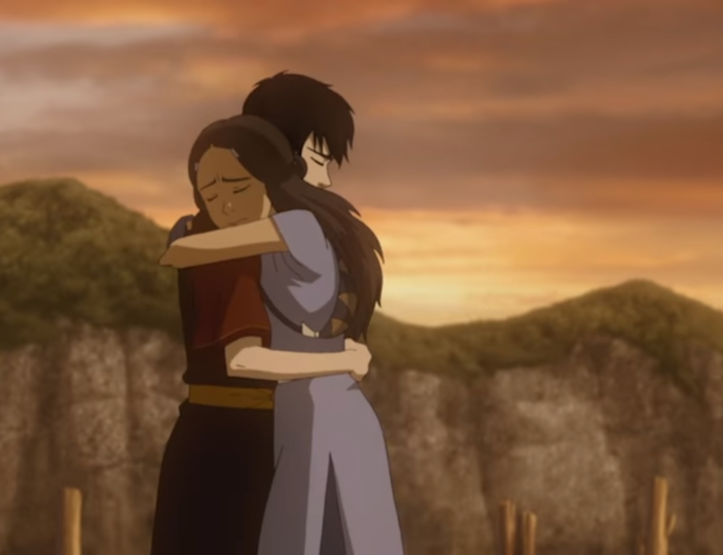 Zuko and Katara engage in a touching embrace.