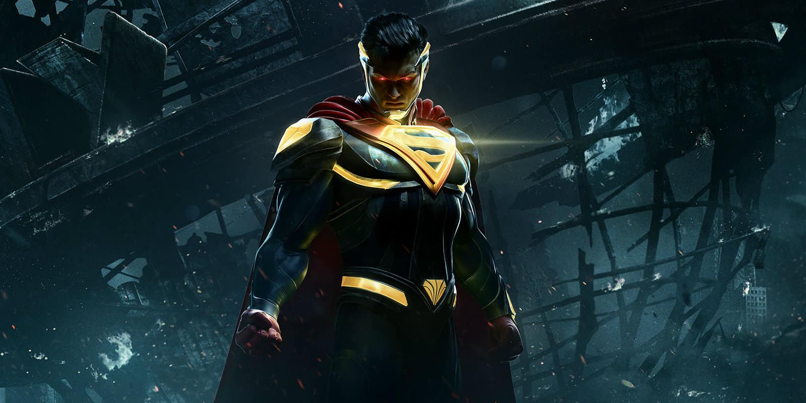 Superman from the video game Injustice 2 released by NetherRealm Studios in 2017. His eyes glow red and he stands in front of a destroyed Daily Planet globe.